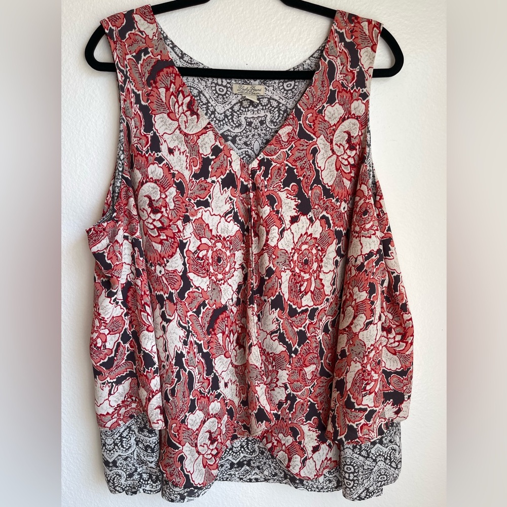 Lucky Brand Red and Cream Floral Tank with V-Neck Size 2X - Picture 8 of 9